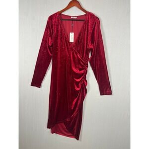 Red Velvet Wrap Dress Women 16W Glitter Long Sleeve Ruched Cocktail Glam